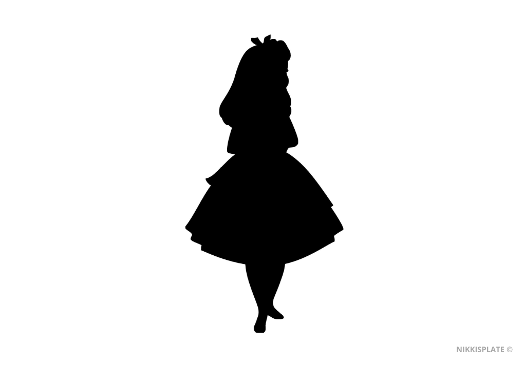 Alice in Wonderland pumpkin carving stencil featuring her classic dress and hair bow.