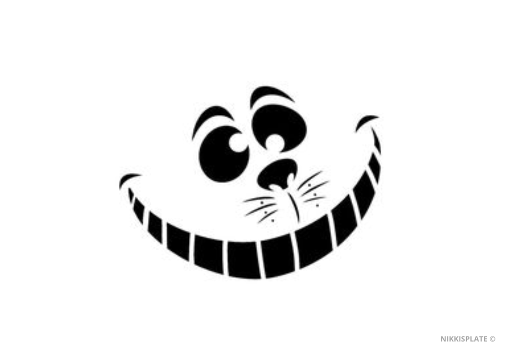 Cheshire Cat pumpkin carving stencil featuring mischievous eyes and a wide toothy grin.