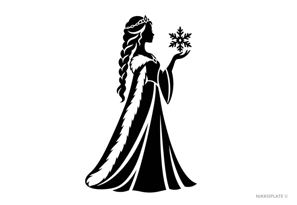 Elsa pumpkin carving stencil featuring her braided hair, raised hand and magical snowflake.