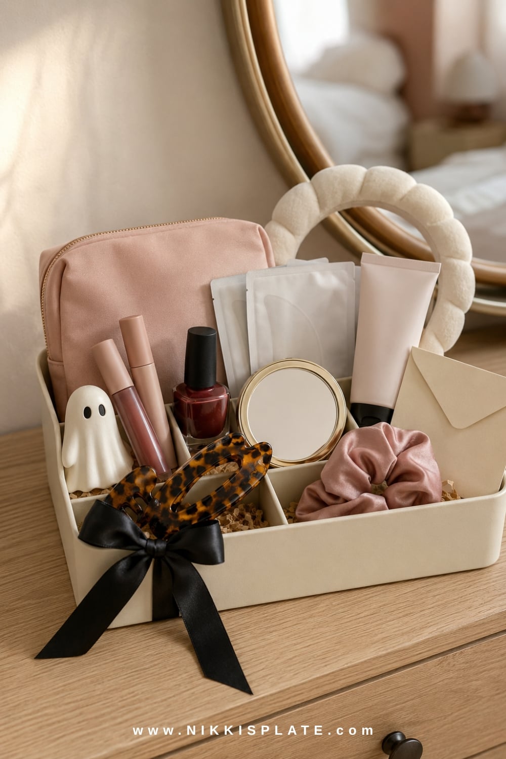 Beauty boo basket for her with a cosmetic bag, lip products, nail polish, hand cream, mirror and hair accessories.