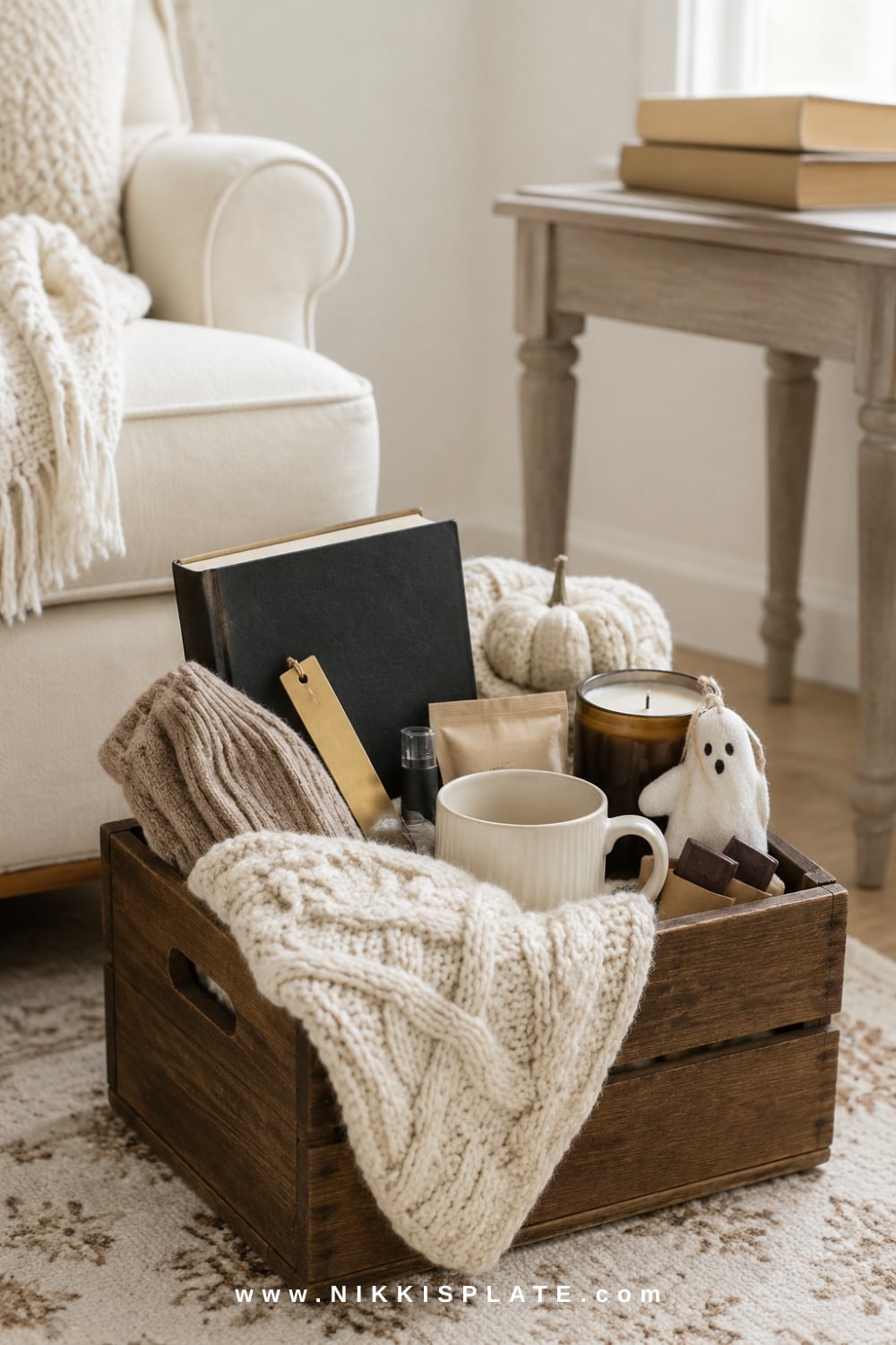 Book lover's boo basket with a neutral book, reading socks, tea, a candle, chocolate and a cozy blanket.