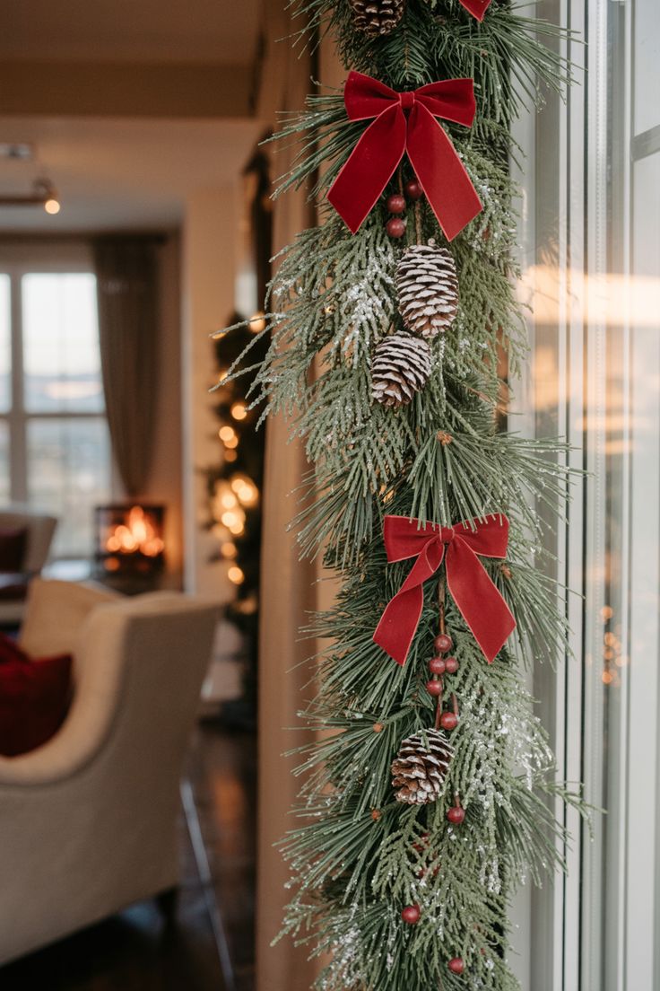 Christmas garland decorated with red velvet ribbon bows, pinecones, and frosted greenery hanging along a doorway.