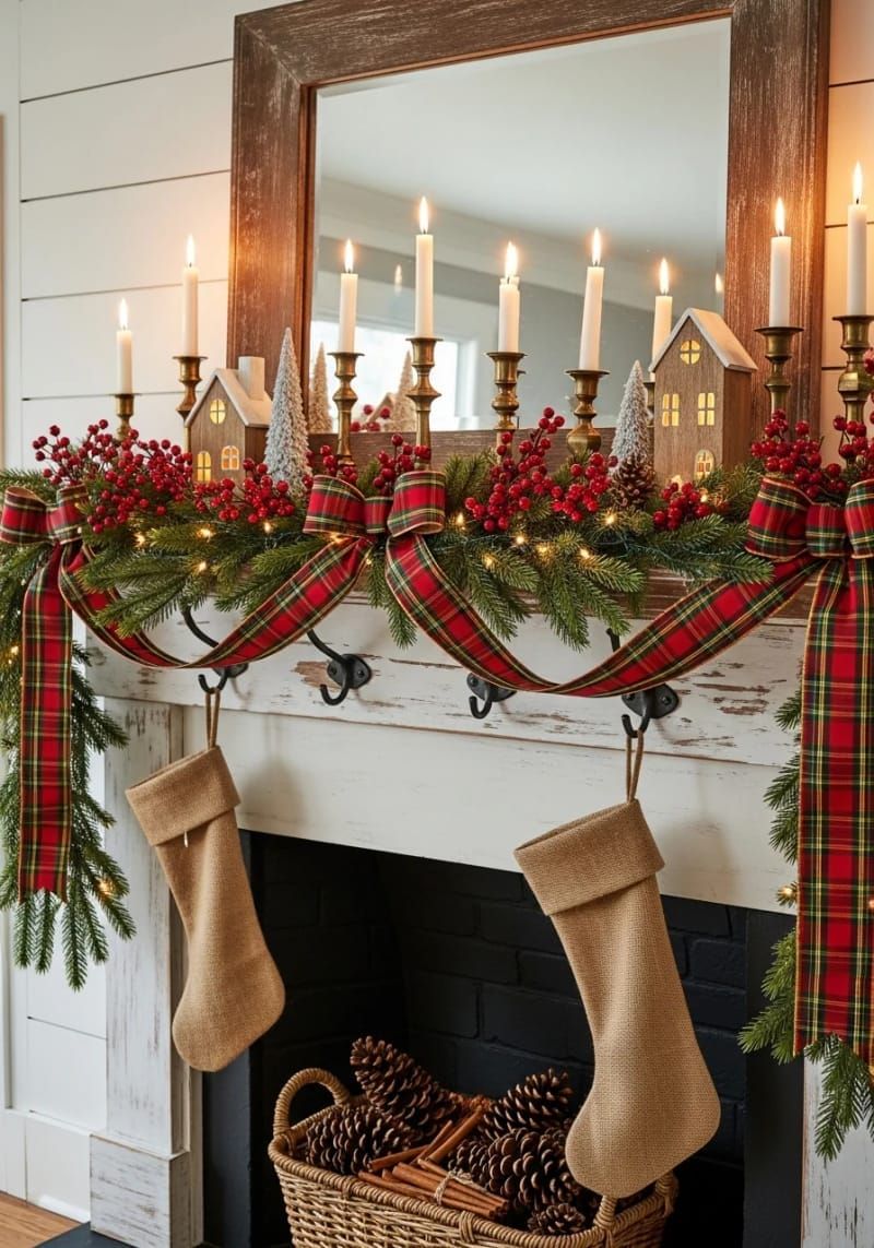 Christmas mantel decorated with red and green tartan ribbon, evergreen garland, candles, and burlap stockings.