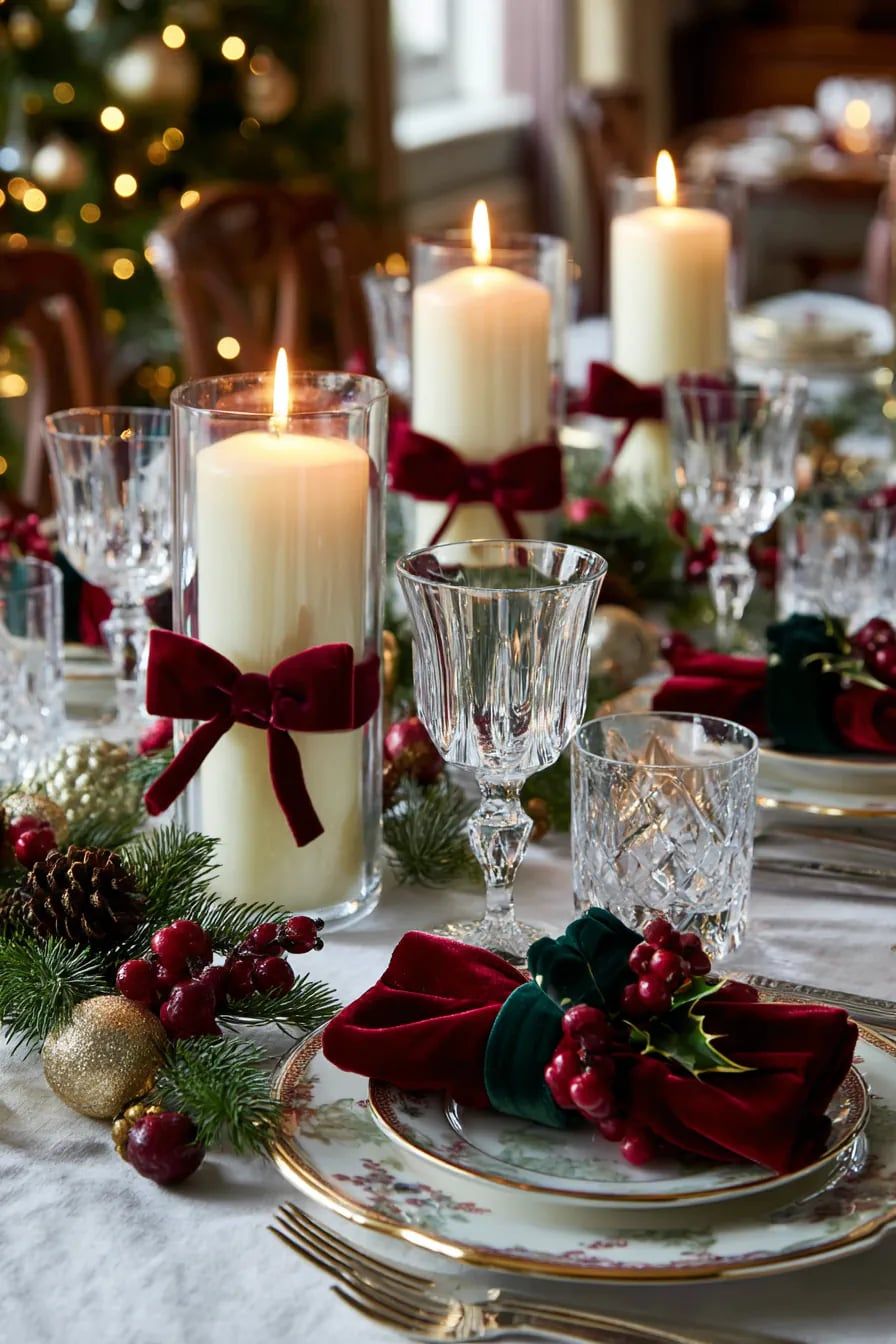 Christmas table decorated with red velvet ribbons on candles, greenery garland, pinecones, and elegant dinnerware with gold accents.