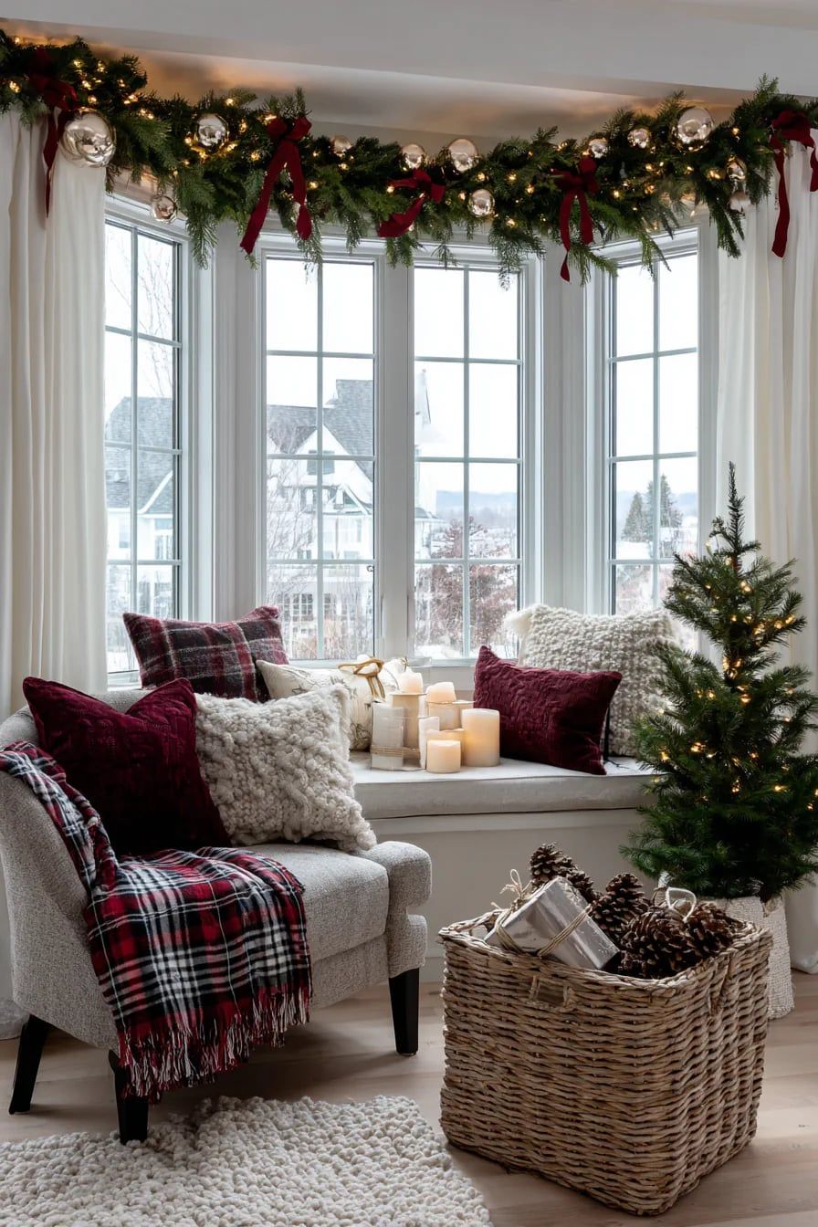 Christmas window decorated with evergreen garland, red ribbon bows, gold ornaments, and cozy seating area with plaid and knit pillows.