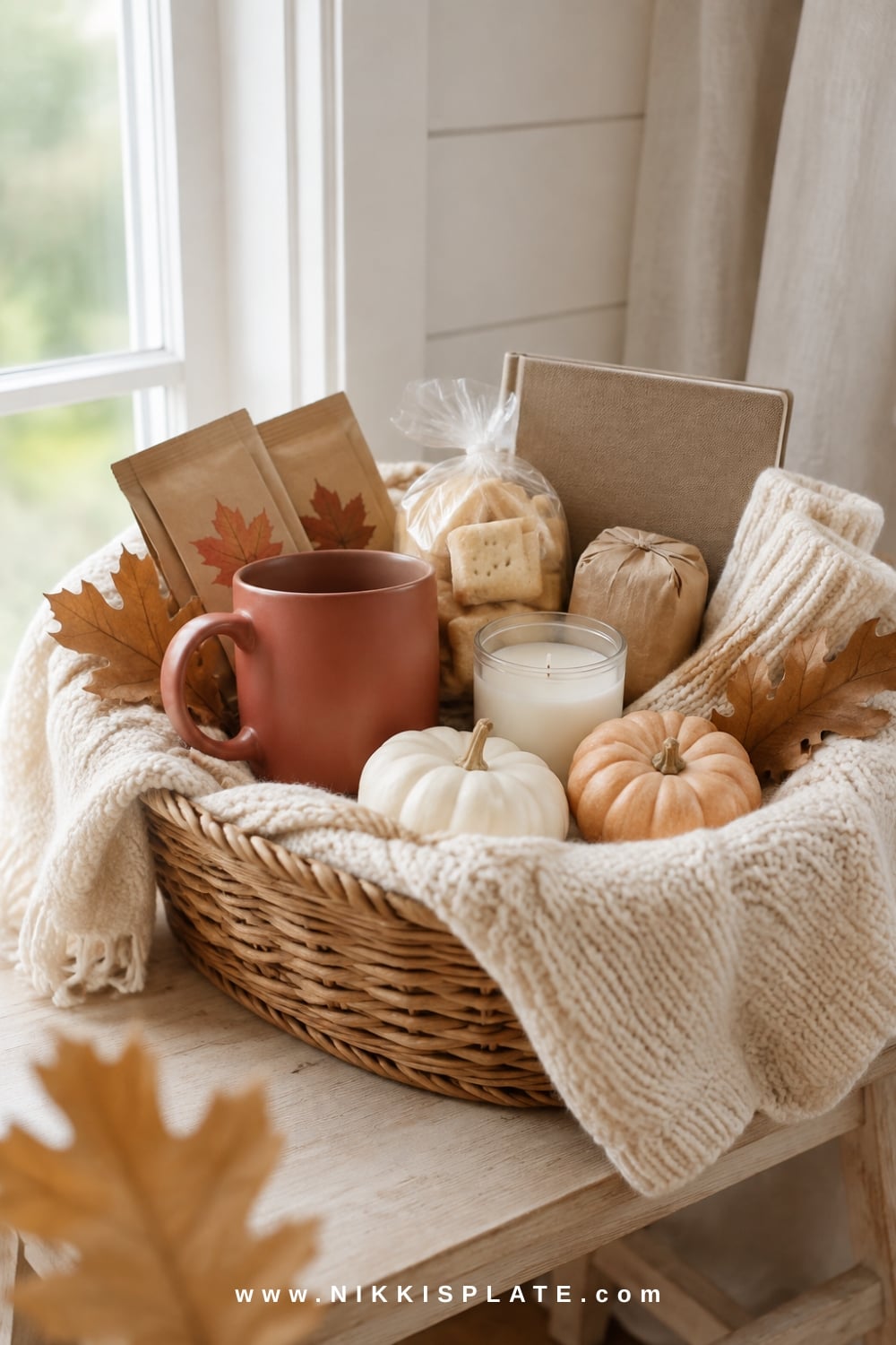 Neutral fall boo basket with a cream blanket, rust mug, maple tea, chocolate, journal, candle and mini pumpkins.