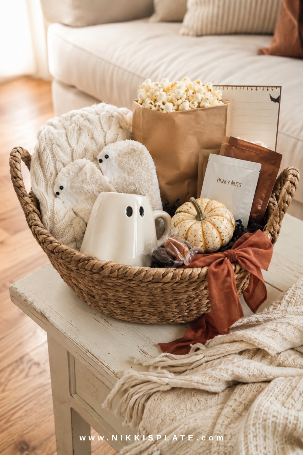Cozy Halloween movie night boo basket with popcorn, candy, a cream blanket, fuzzy socks and a ghost mug.