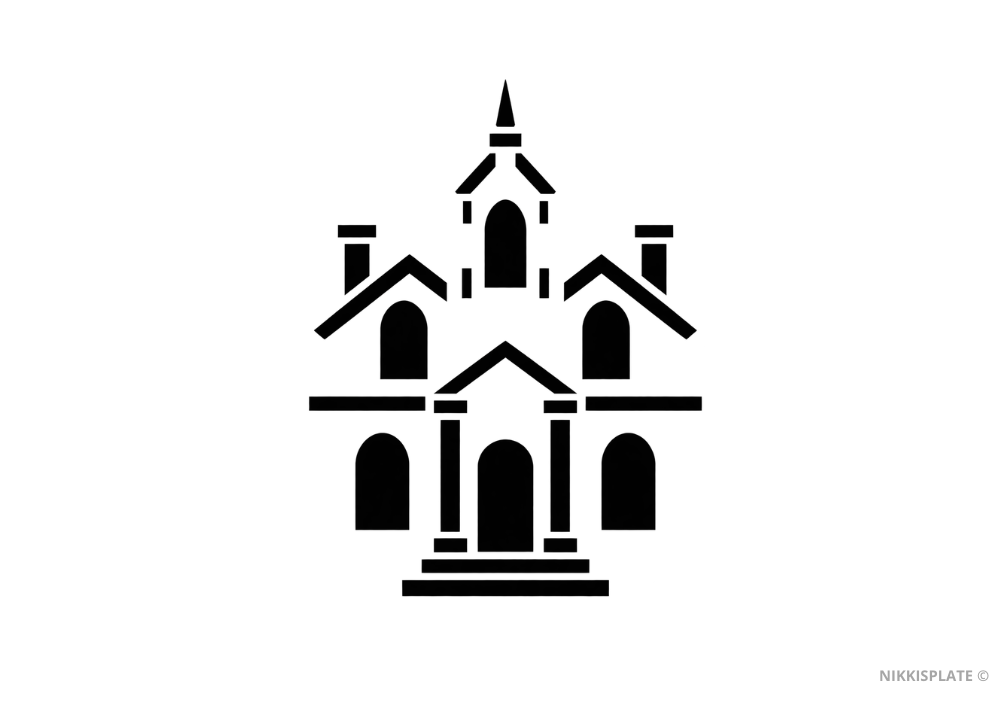 Easy Haunted Mansion pumpkin carving stencil with a simple tower, arched windows and bold Victorian silhouette.