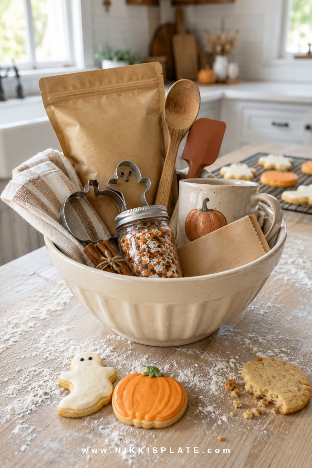 Halloween baking boo basket in a cream mixing bowl with cookie mix, cutters, sprinkles, a spatula and tea towel.