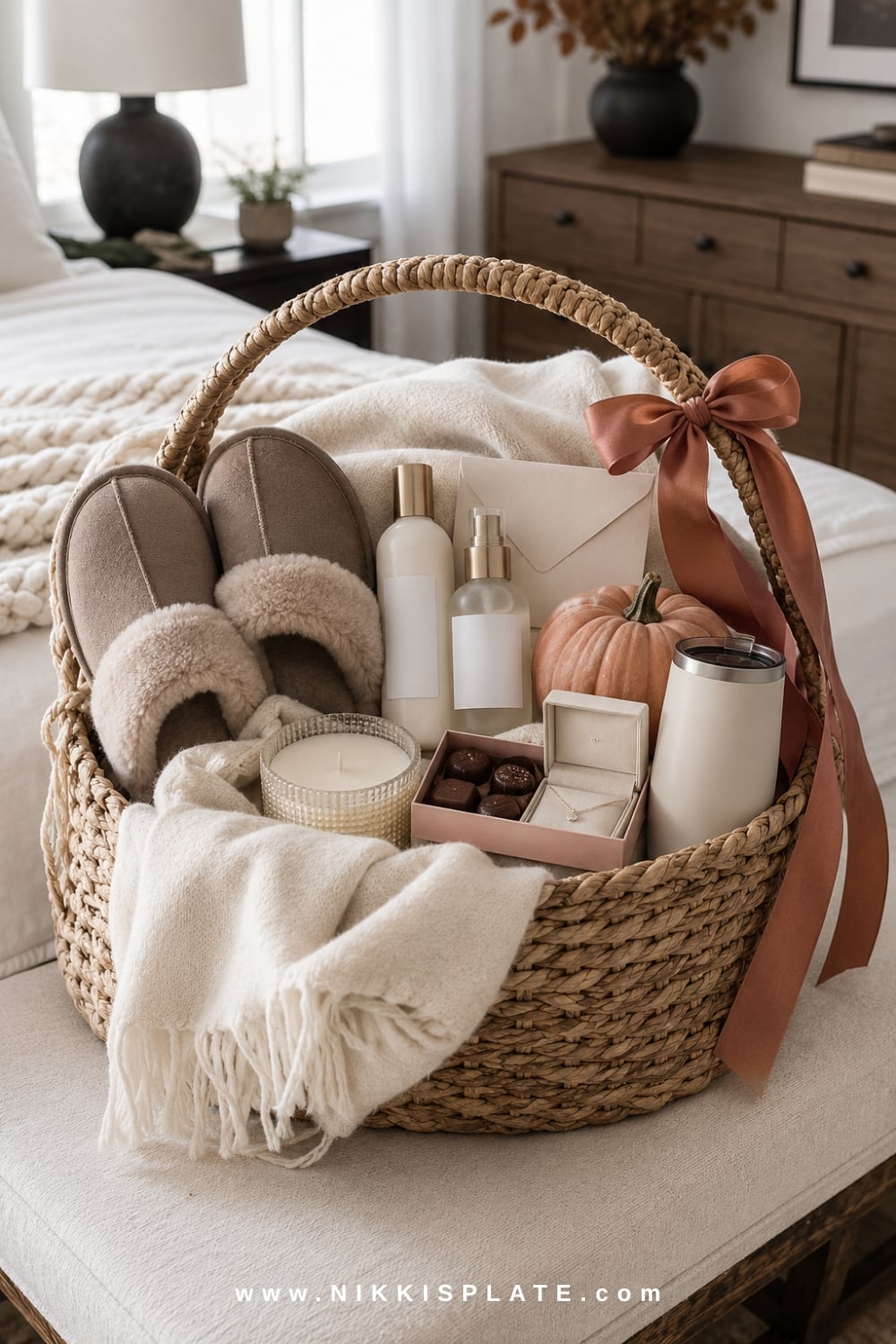 Luxury boo basket with premium slippers, a cashmere-style throw, skincare, a candle, chocolates and a tumbler.