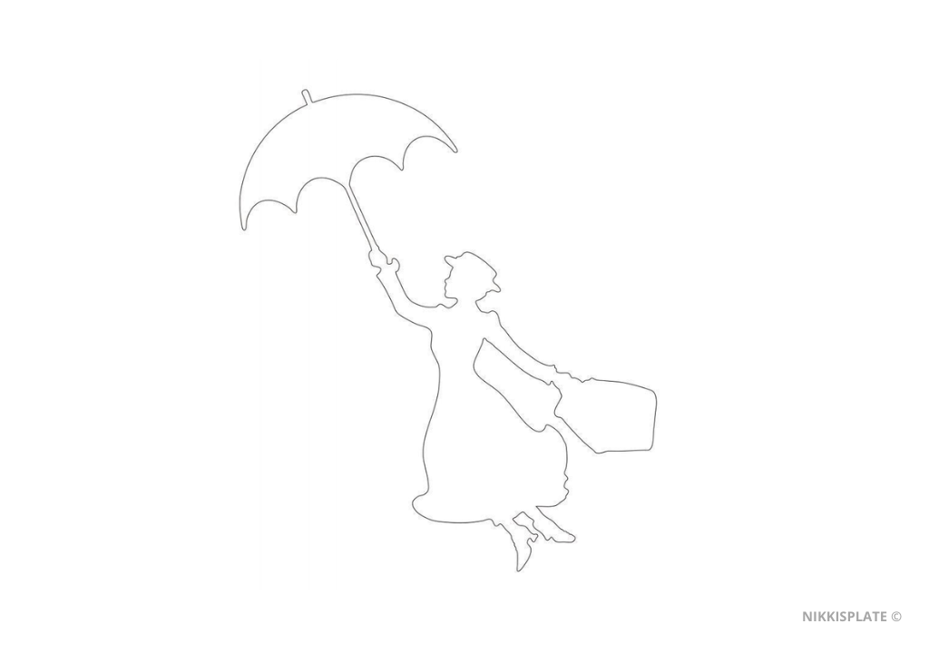 Mary Poppins pumpkin carving stencil featuring her recognizable hat and elegant profile and umbrella