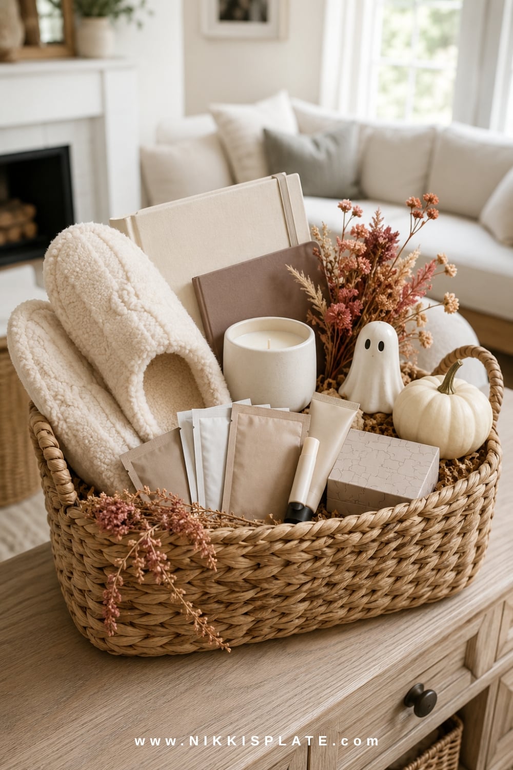 No-candy boo basket with slippers, a book, herbal tea, candle, journal, hand cream and dried flowers.