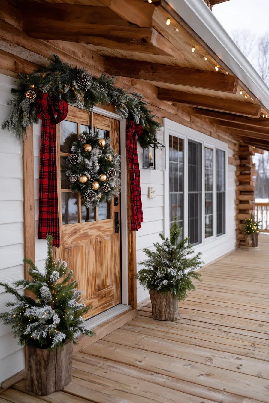 Front porch decorated with evergreen garland, tartan plaid ribbon, frosted wreath, and potted mini Christmas trees with lights.