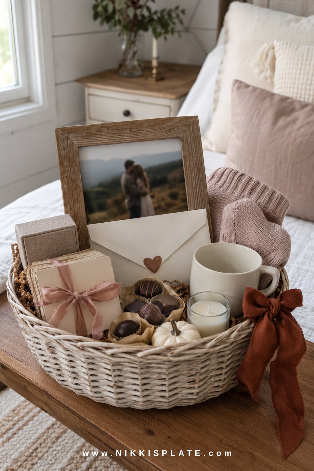 Personalized boo basket with a framed photo, love letter, favorite treats, mug, candle and handmade date coupons.