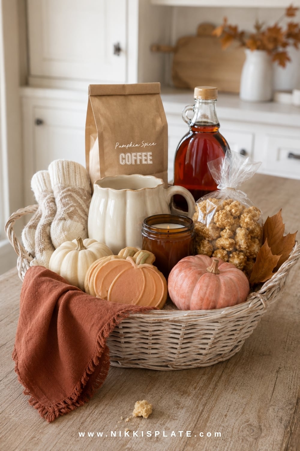 Pumpkin spice boo basket with coffee, a pumpkin mug, caramel corn, cookies, a candle and cozy socks.