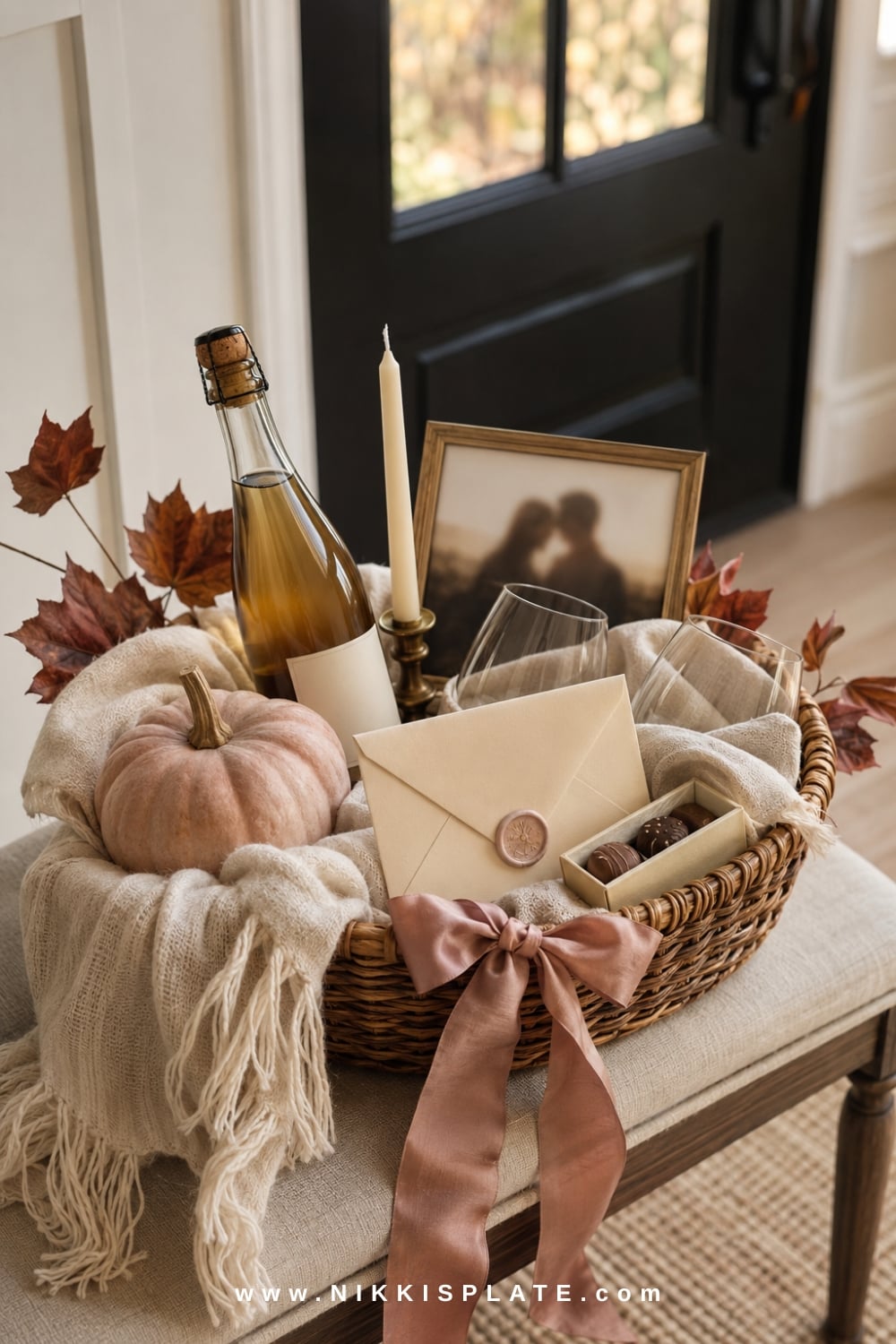 Romantic fall date-night boo basket with a blanket, candle, chocolates, sparkling drink, photo and invitation envelope.