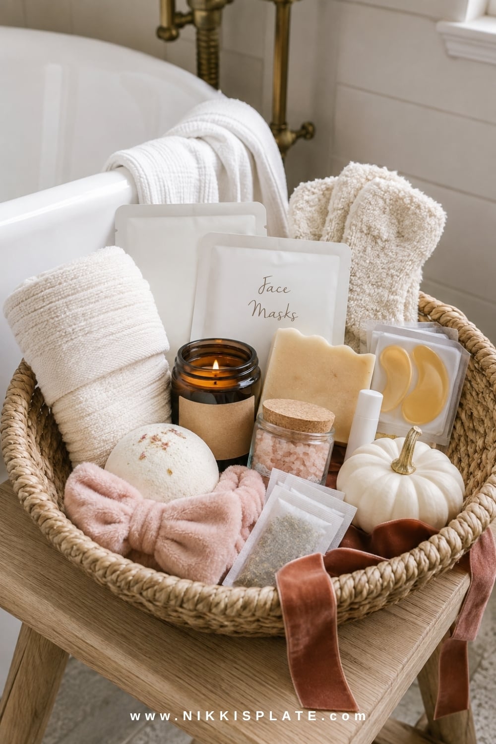 Spa boo basket for her with a candle, bath products, sheet masks, fuzzy socks and herbal tea in a woven basket.