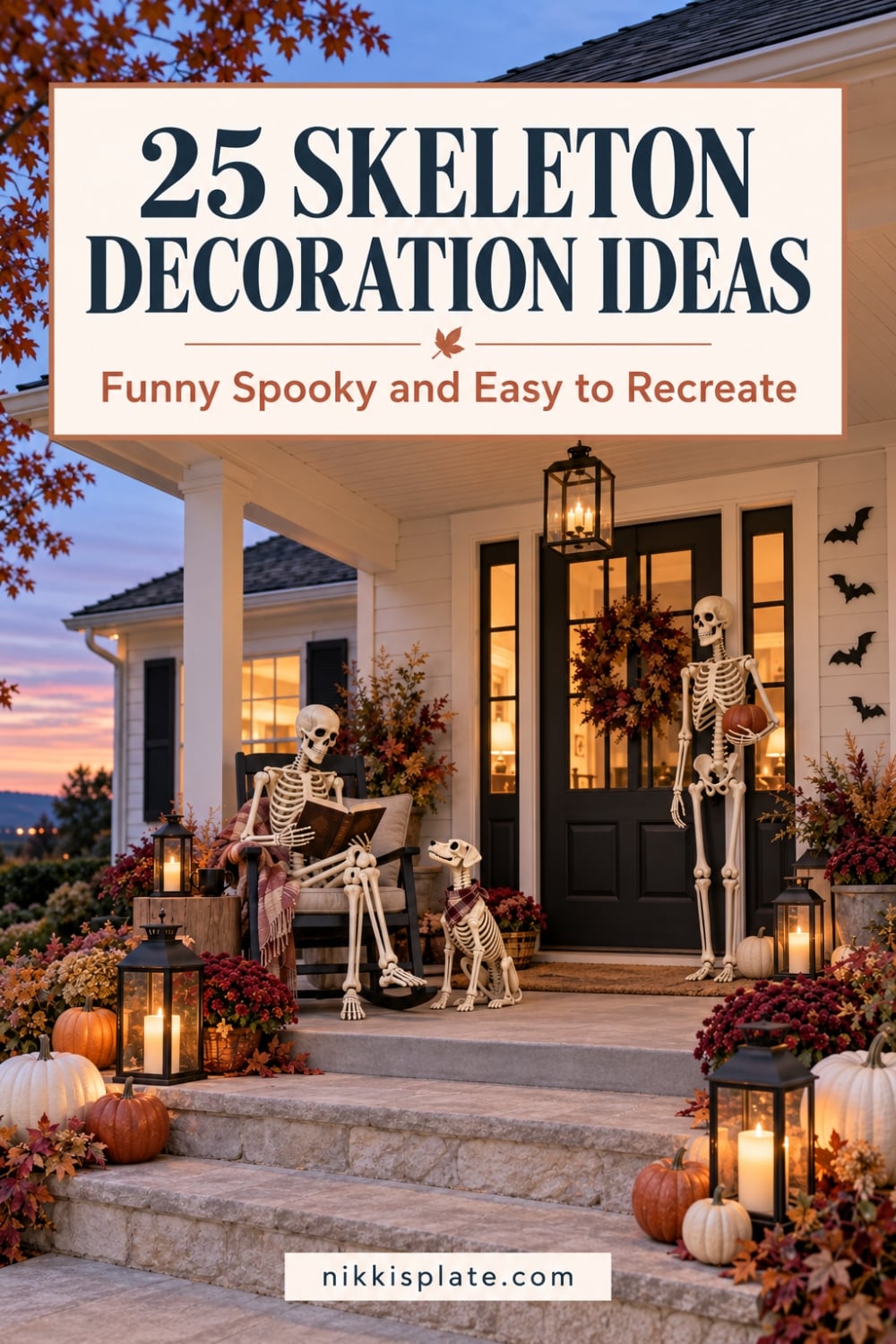 Save 25 creative skeleton decoration ideas for Halloween, including funny indoor scenes, spooky porch displays, skeleton yard ideas, party setups, and practical styling tips.