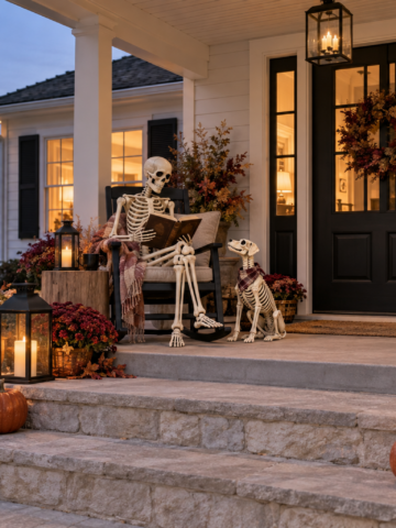 Funny and spooky skeleton decoration ideas arranged on a farmhouse porch for Halloween