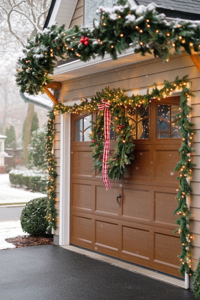 Brown garage door decorated with a large Christmas wreath, garland, and string lights in the snow