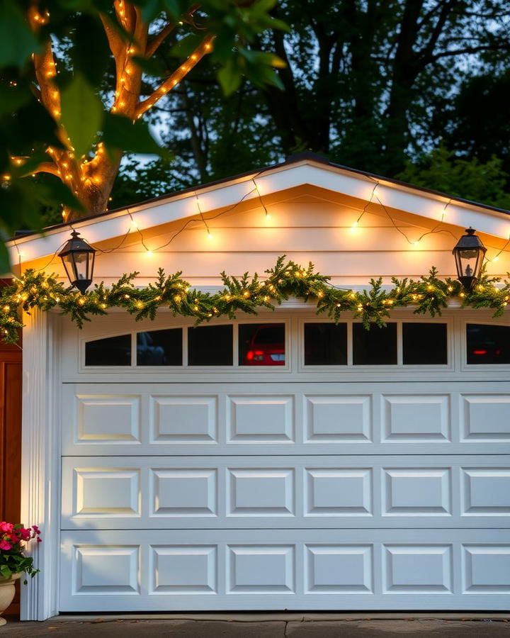 White garage door decorated with garland and glowing string lights for Christmas curb appeal