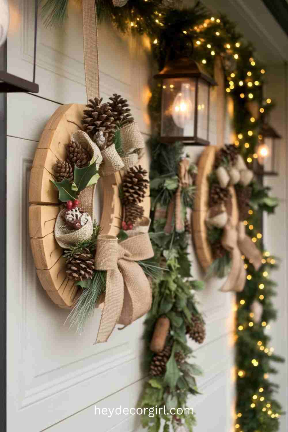 Rustic garage door decorated with burlap wreaths, pinecones, and glowing garland lights