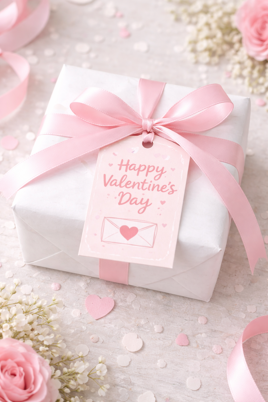 Free Valentine’s Day printable gift tag attached to a pink ribbon wrapped present