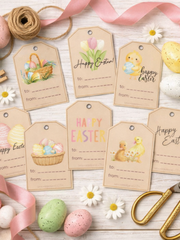 Flat lay of free printable Easter gift tags with bunny, chick, tulips, and Easter egg designs surrounded by pastel eggs, ribbon, and scissors.