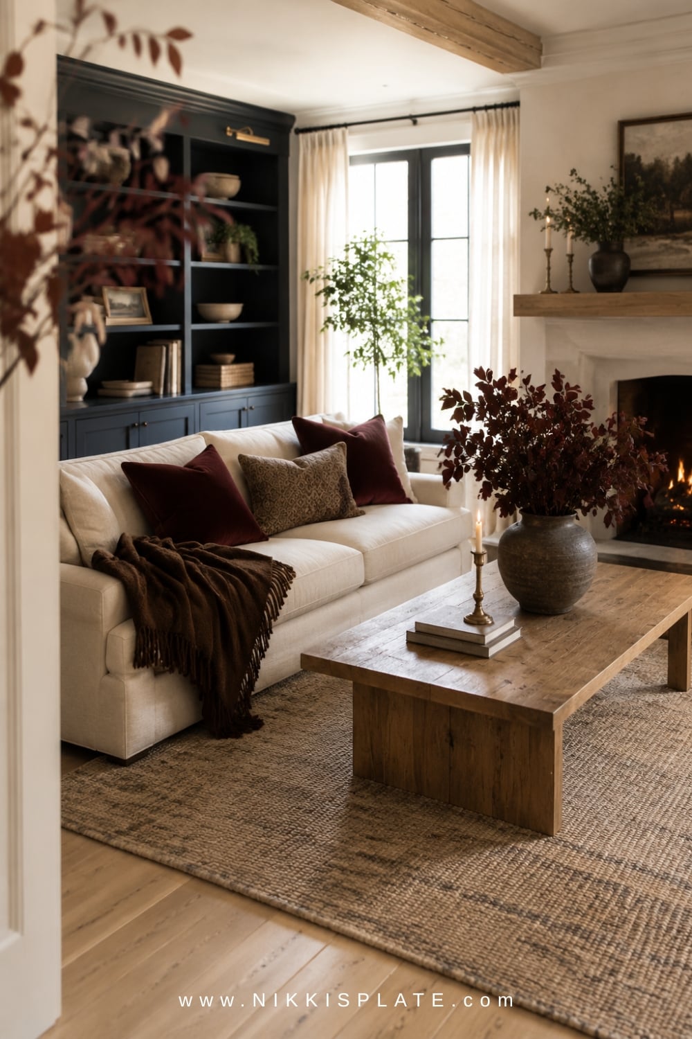 Fall living room with chocolate brown textiles, burgundy velvet pillows, and dark leafy branches