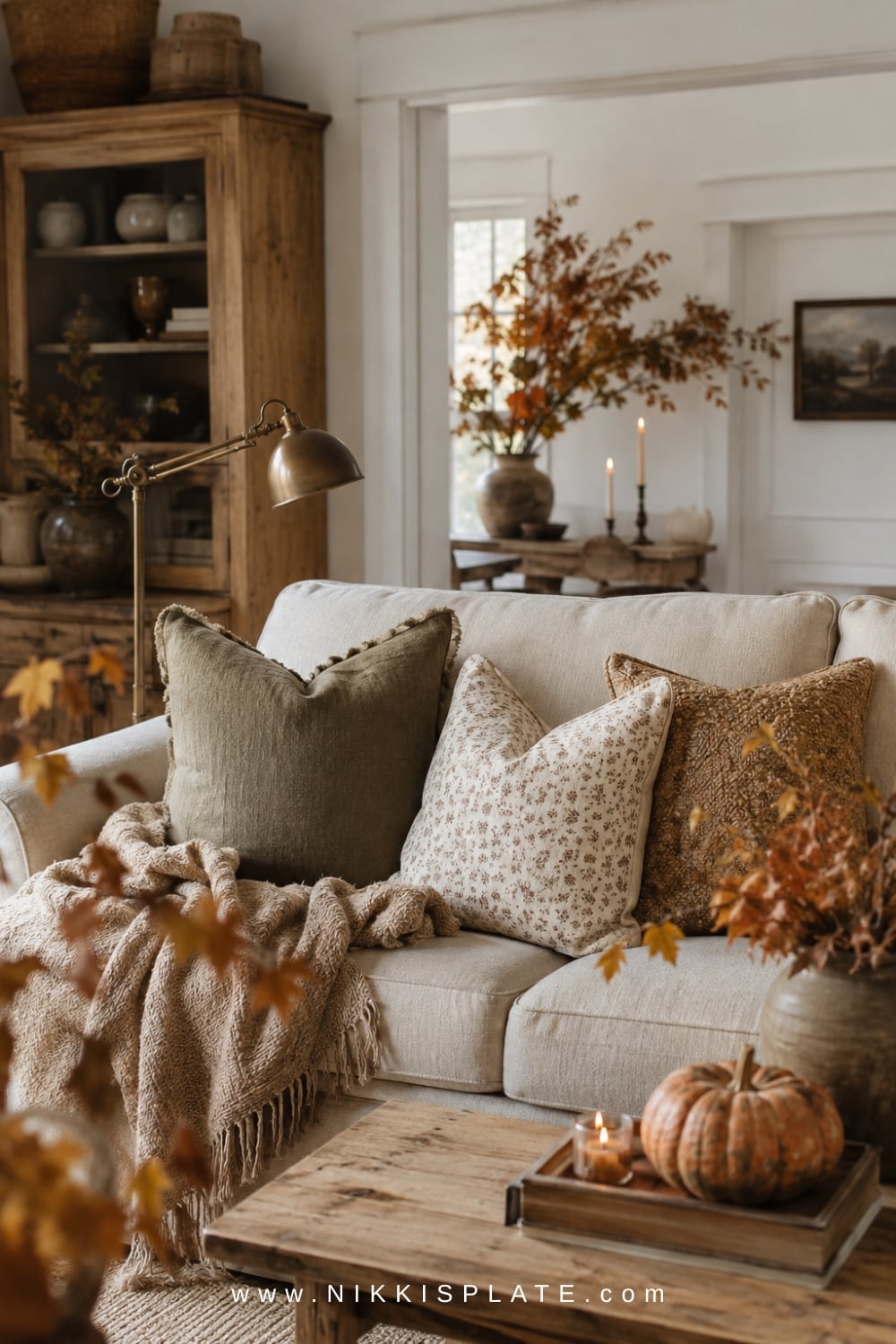 cozy fall farmhouse living room decorated with warm khaki pillows, natural wood, and aged brass accents.