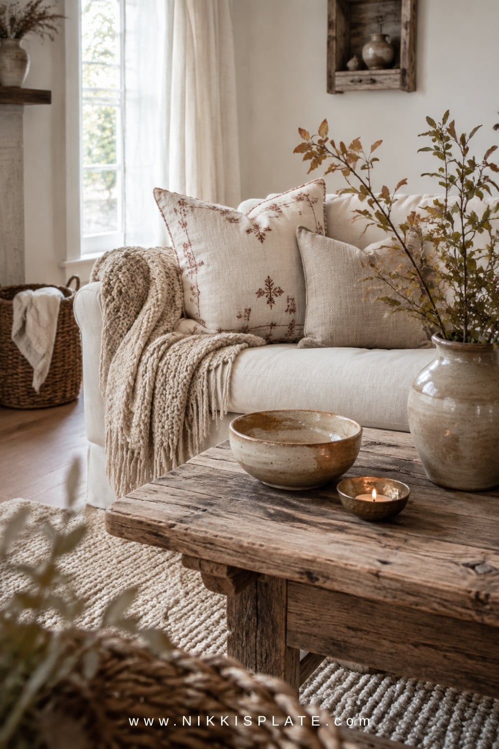 Cozy reading corner with a woven basket, handmade quilt, chunky knit throw, and rustic pottery