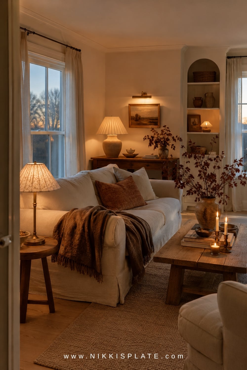 Cozy fall lighting with a small table lamp, candles, stacked books, and autumn branches