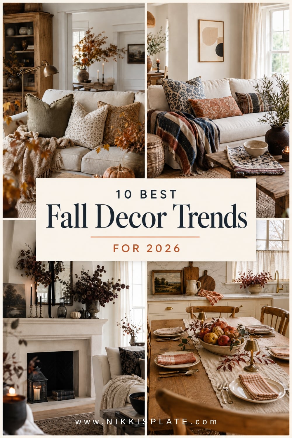 Collage of cozy 2026 fall decor trends featuring warm neutral colors, rich brown textiles, vintage accents, layered lighting, and natural branches