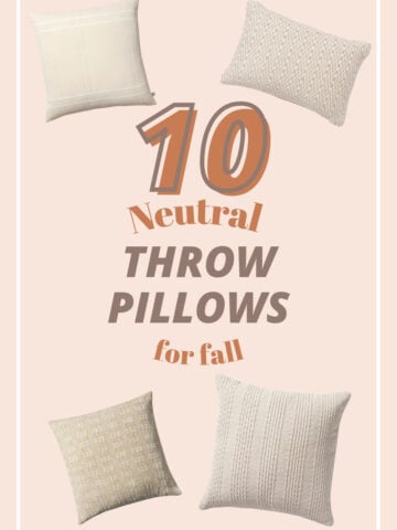 Graphic with five neutral throw pillows in beige and ivory tones, showcasing the text '10 Neutral Throw Pillows for Fall' on a soft peach background