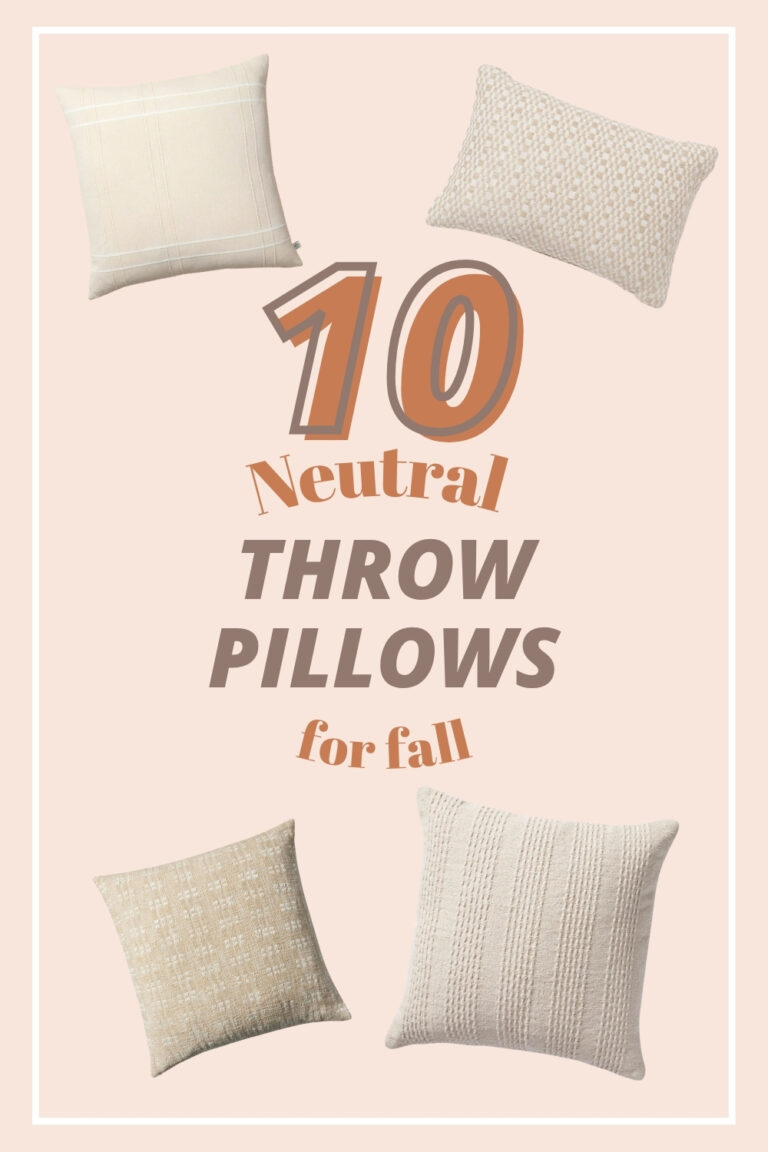 Graphic with five neutral throw pillows in beige and ivory tones, showcasing the text '10 Neutral Throw Pillows for Fall' on a soft peach background