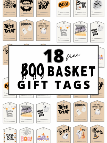 Pinterest graphic featuring 18 free printable Halloween boo basket gift tags with spooky and cute designs including ghosts, pumpkins, bats, spiderwebs, and phrases like “You've Been Boo’d.” Bold overlay text reads “18 Free Boo Basket Gift Tags.”
