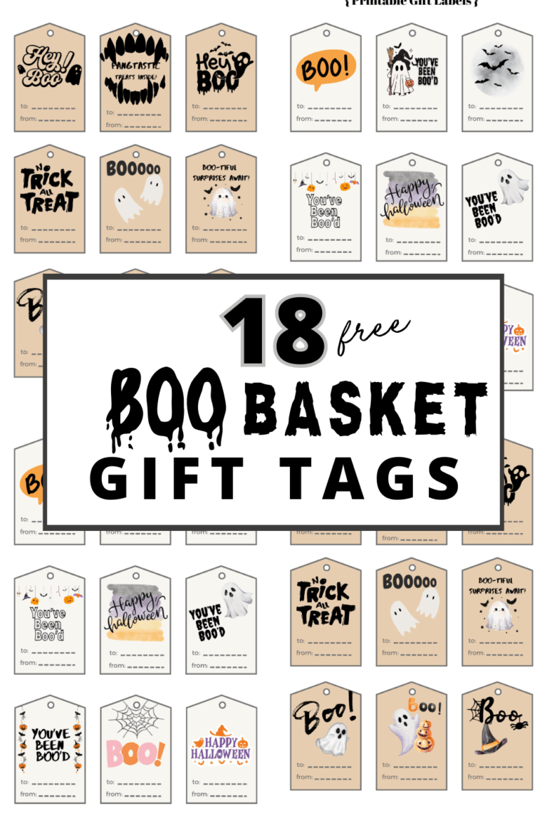 Pinterest graphic featuring 18 free printable Halloween boo basket gift tags with spooky and cute designs including ghosts, pumpkins, bats, spiderwebs, and phrases like “You've Been Boo’d.” Bold overlay text reads “18 Free Boo Basket Gift Tags.”