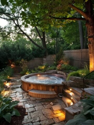 Cozy backyard hot tub with stone patio and ambient lighting, ideal setup for DIY hot tub repairs and maintenance.