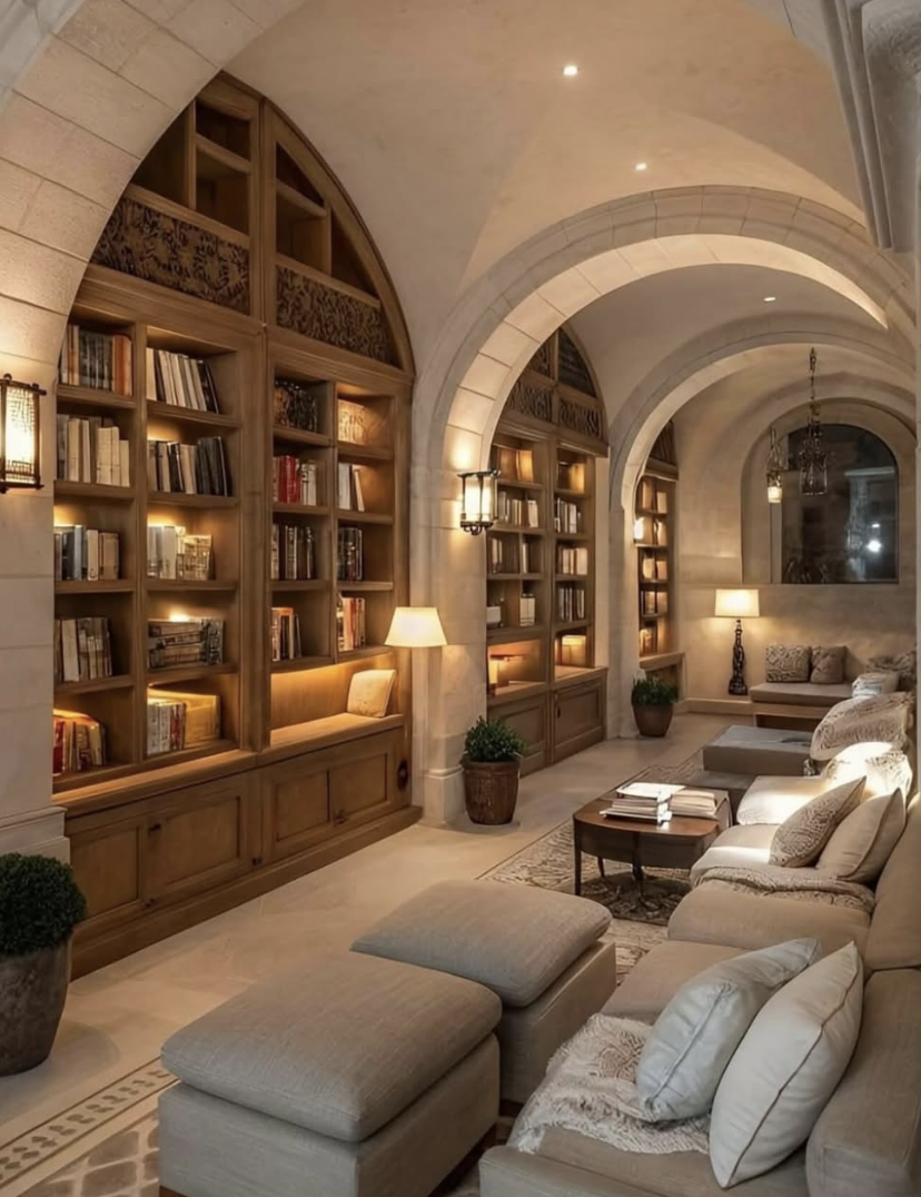 Luxurious arched library hallway with built-in bookcases, neutral sectional seating, and warm ambient lighting