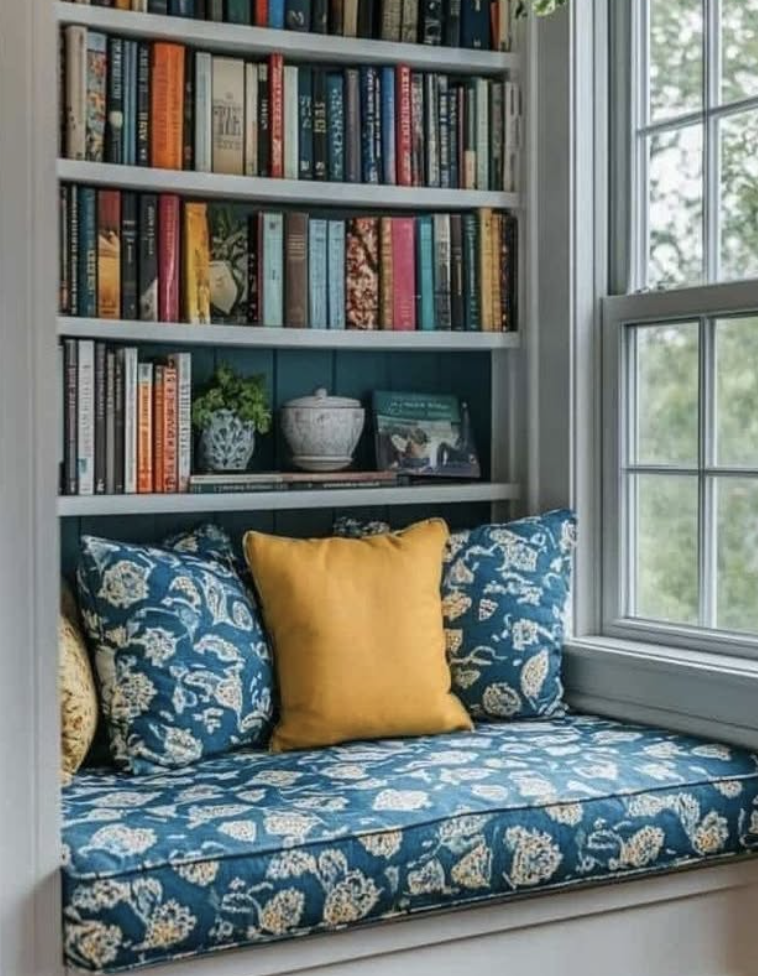 Window seat reading nook with bright blue floral cushion, yellow accent pillow, and built-in bookshelves filled with colorful books