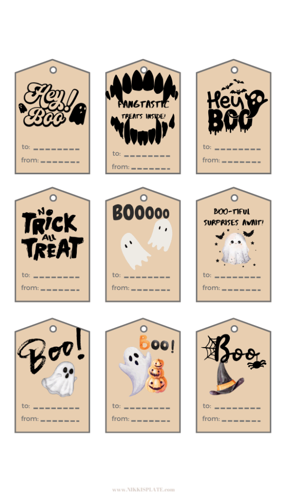 Printable Halloween boo basket tags featuring ghosts, bats, pumpkins, vampire teeth, and fun sayings like “Hey Boo,” “No Trick All Treat,” and “Fangtastic Treats Inside.” Includes “to” and “from” sections for easy gifting.