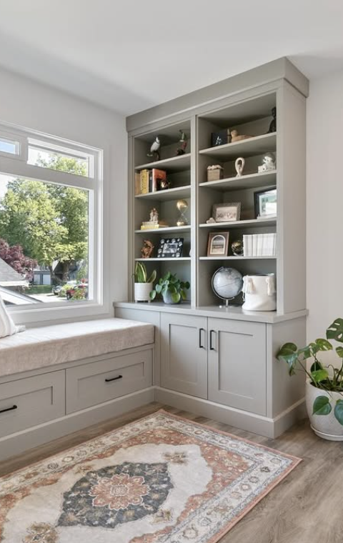 Neutral-toned built-in window seat with bookshelves, decorative objects, and soft sunlight