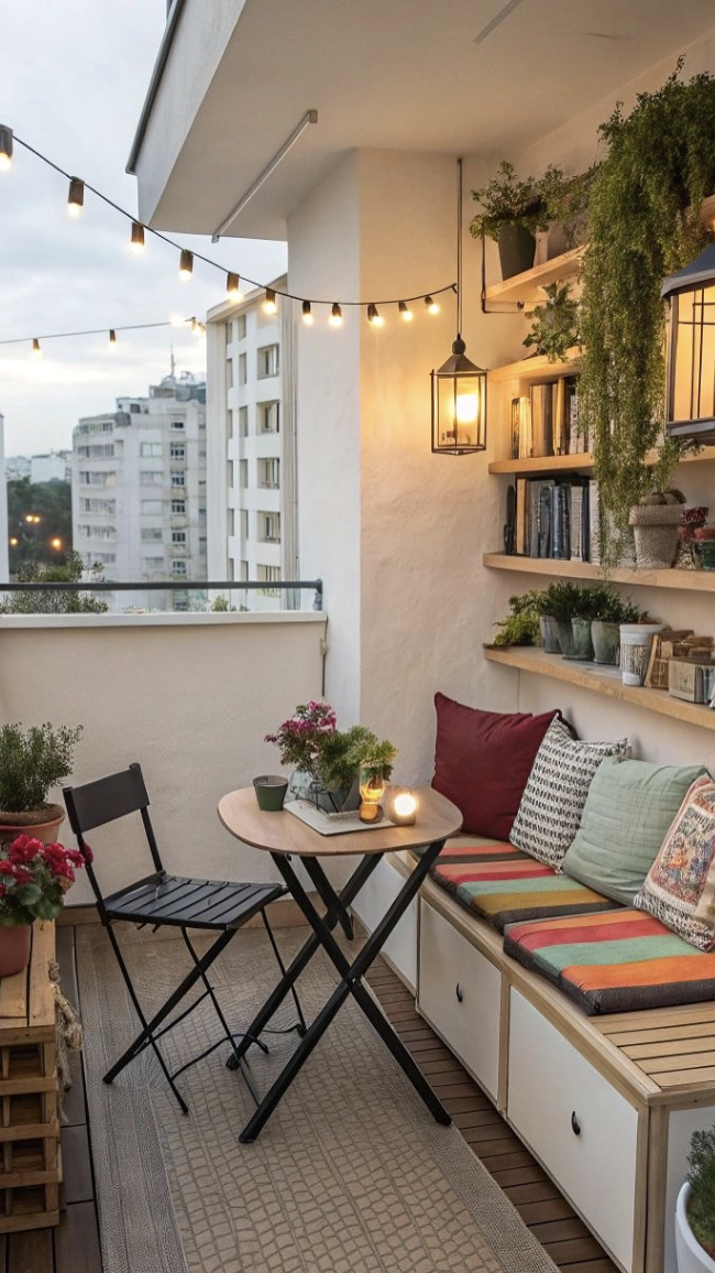 Small balcony reading nook with string lights, colorful cushions, potted plants, and built-in bench with book storage