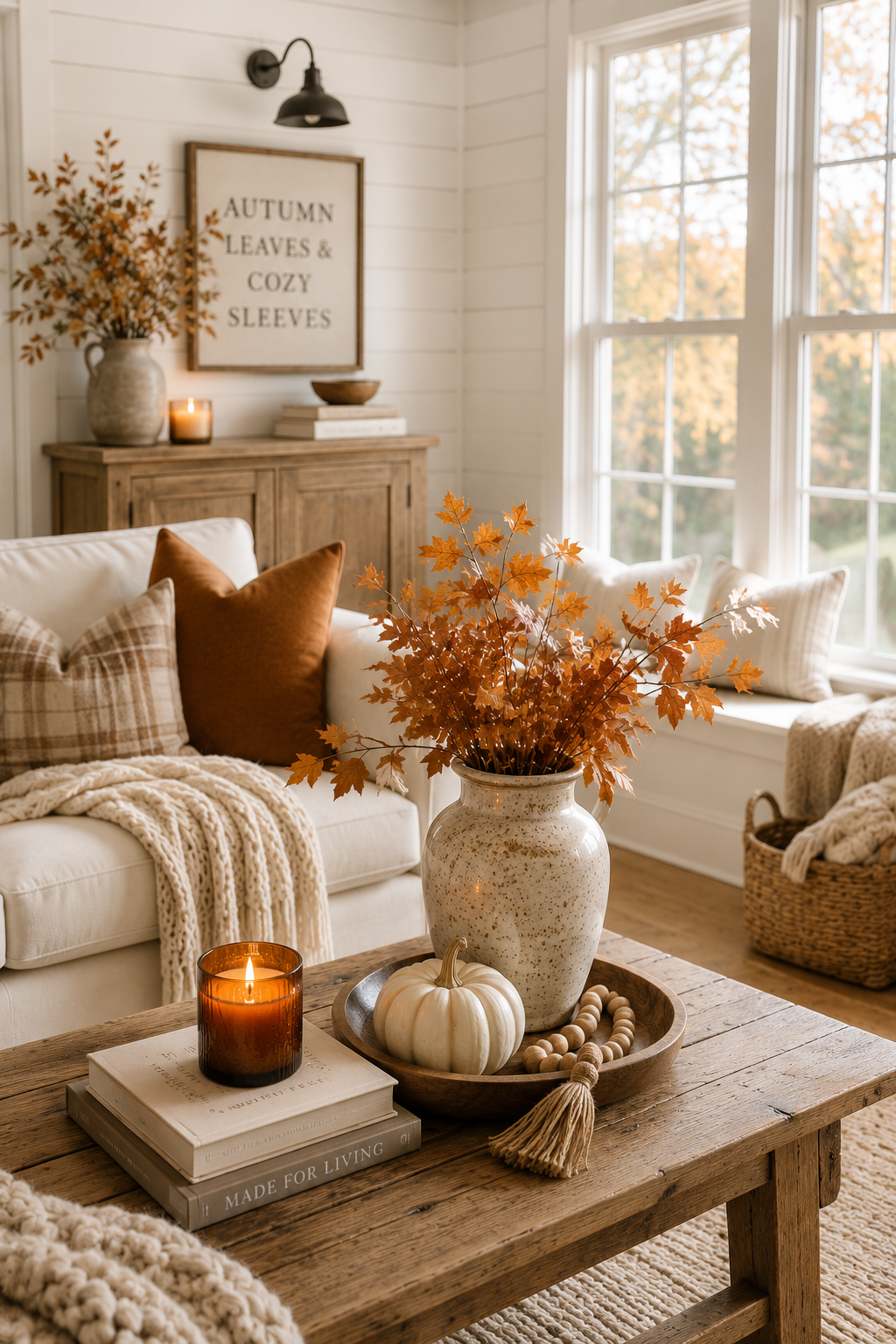 Cozy fall living room decor with autumn leaves in a ceramic vase, white pumpkin, candle, wood coffee table, cream sofa, plaid pillows, and chunky throw blankets.
