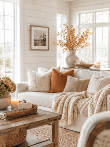 Cozy fall living room decor with cream sofa, textured pillows, chunky throw blanket, warm wood coffee table, white pumpkin, candles, and autumn branches.