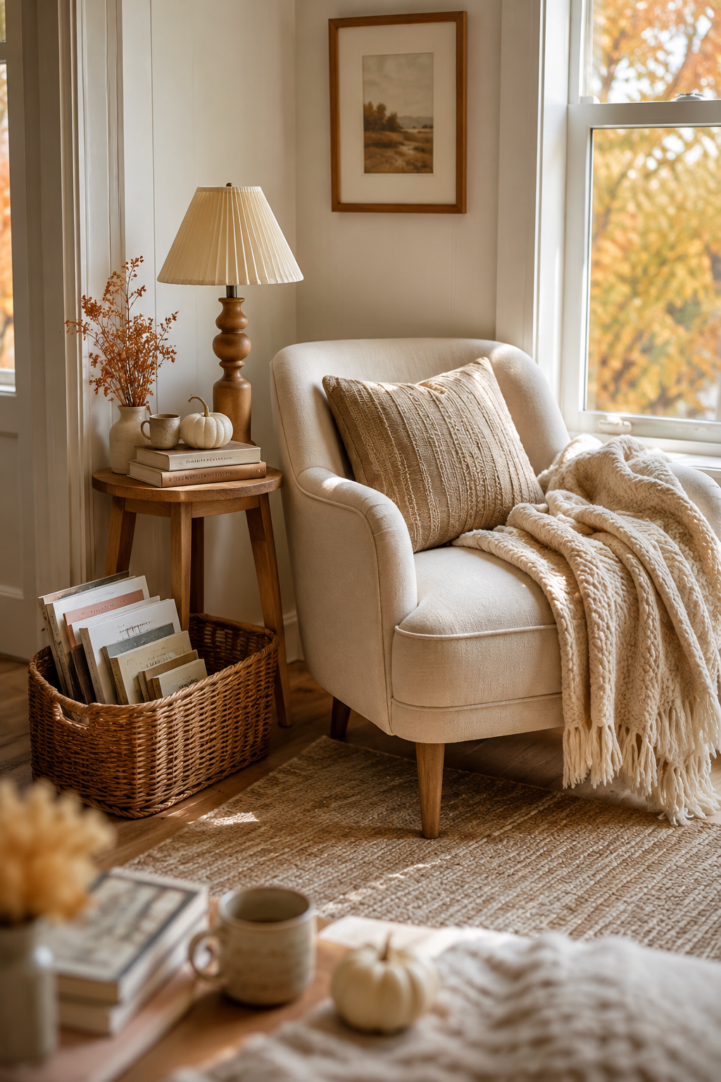 Cozy fall living room decor with a bookish reading nook, cream accent chair, soft throw blanket, warm wood side table, lamp, basket of books, and autumn window view.