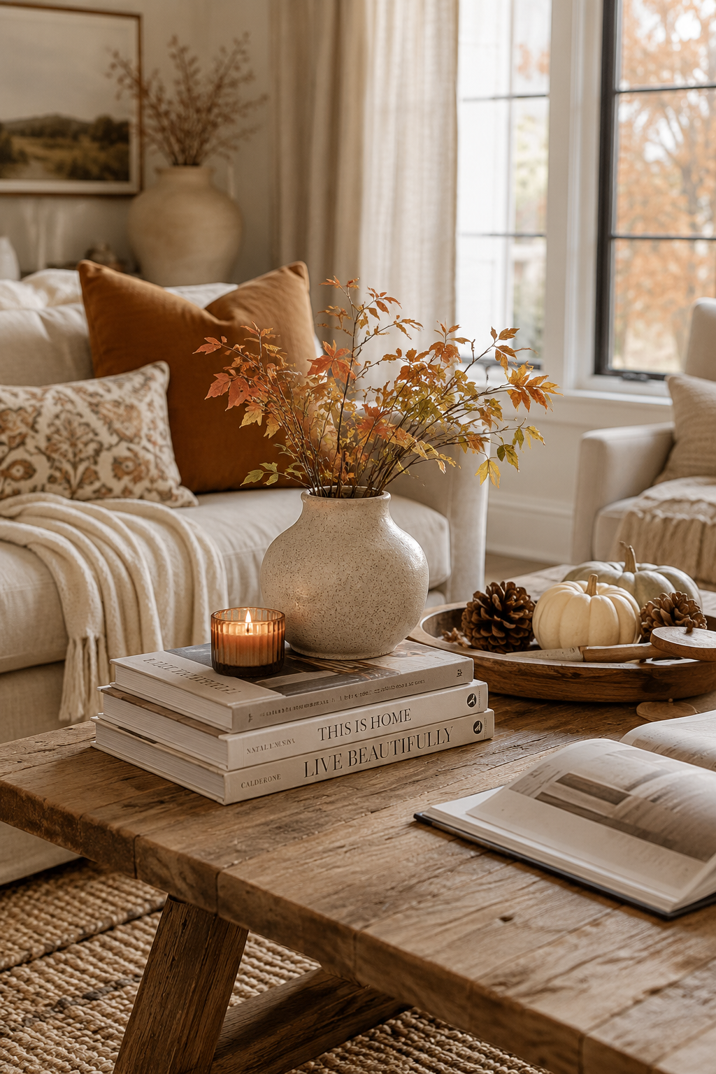 Cozy fall living room decor with styled coffee table, ceramic vase of autumn branches, stacked books, candle, white pumpkins, pinecones, and warm wood accents.