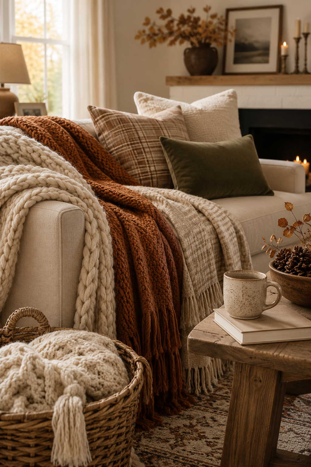Cozy fall living room decor with layered throw blankets, cream sofa, plaid pillows, woven basket, warm wood side table, and autumn accents.