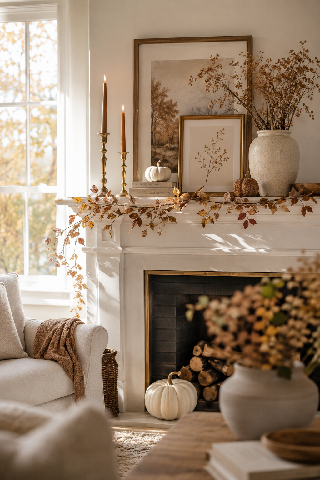 Cozy fall living room decor with styled fireplace mantel, autumn leaf garland, brass candlesticks, layered artwork, white pumpkins, dried branches, and soft natural light.