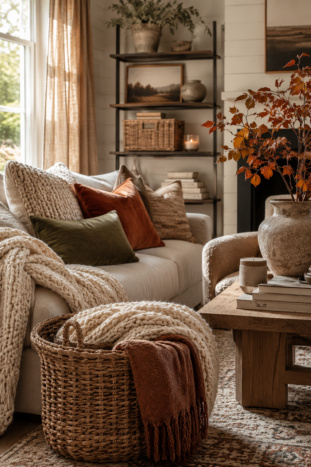 Cozy fall living room decor with layered textures, chunky knit blankets, woven basket, rust and olive pillows, wood coffee table, and autumn branches.